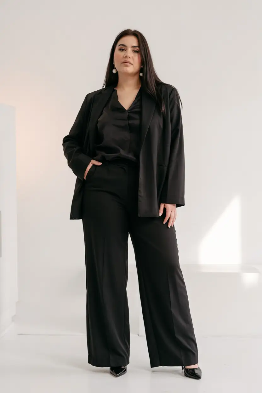 fall plus size capsule wardrobe Polished All-Black Power Suit