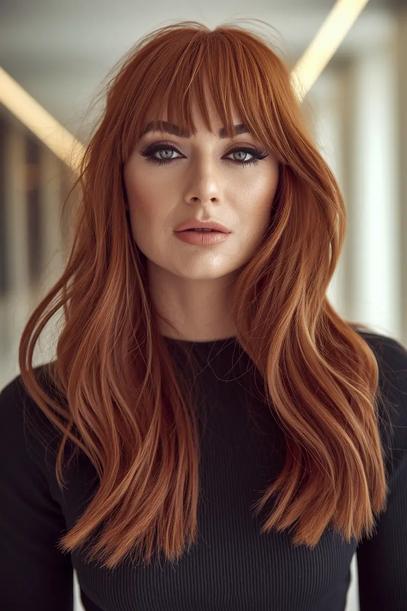 fall red hair color autumn Spiced Maple Layers with Fringe