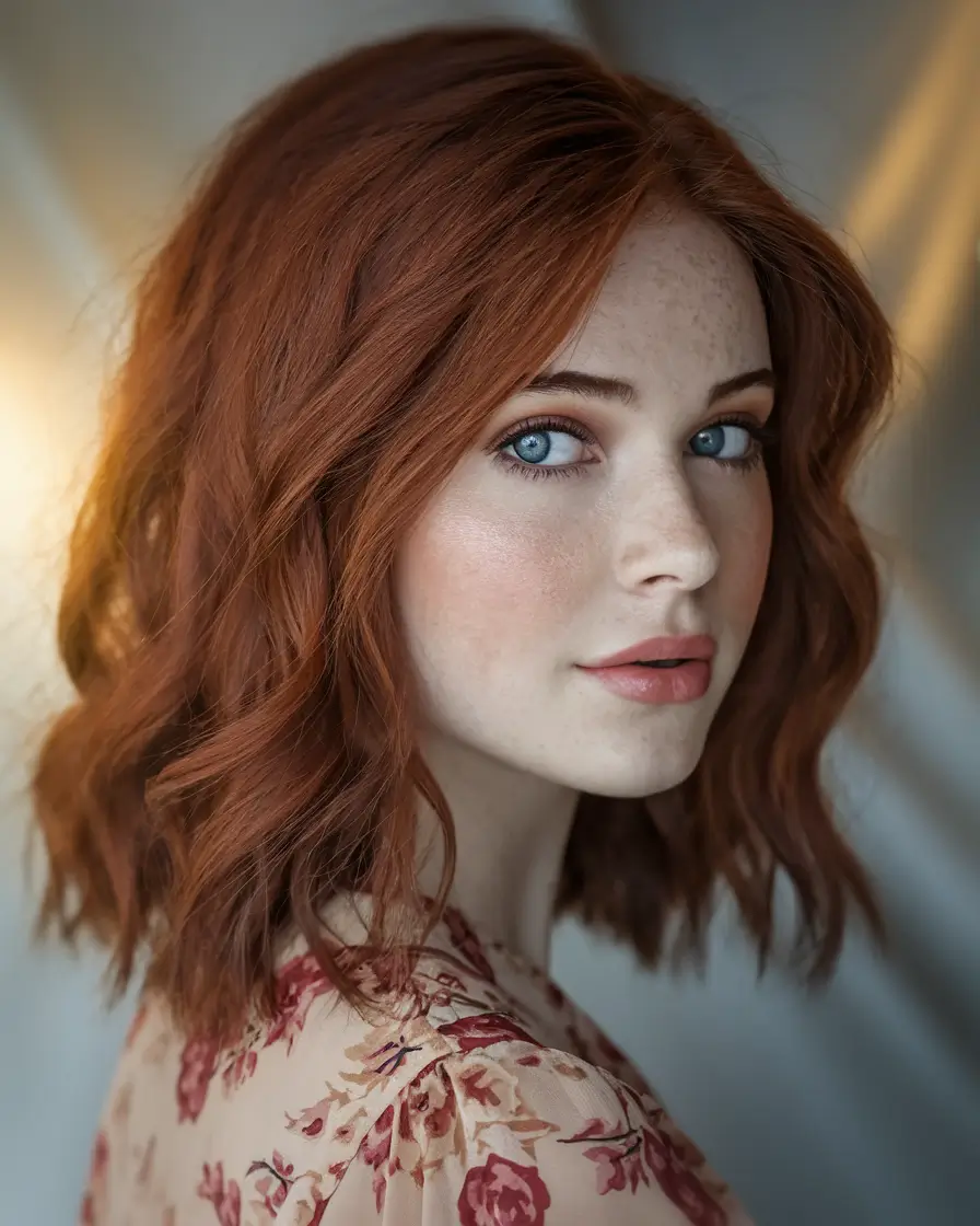 fall red hair color fair skin Soft Auburn Bob with Tousled Texture
