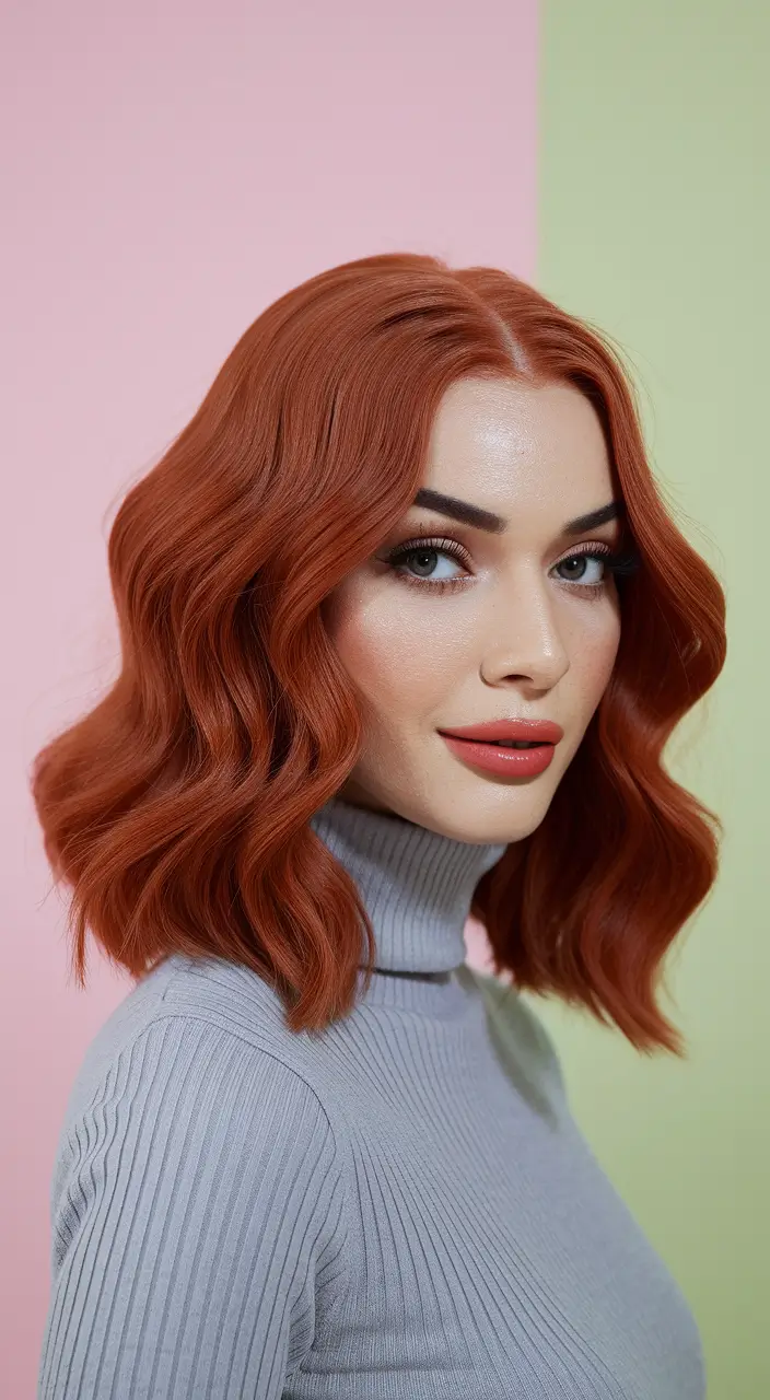 fall red hair color autumn short hair Glossy Turtleneck Chic with Cinnamon Bob