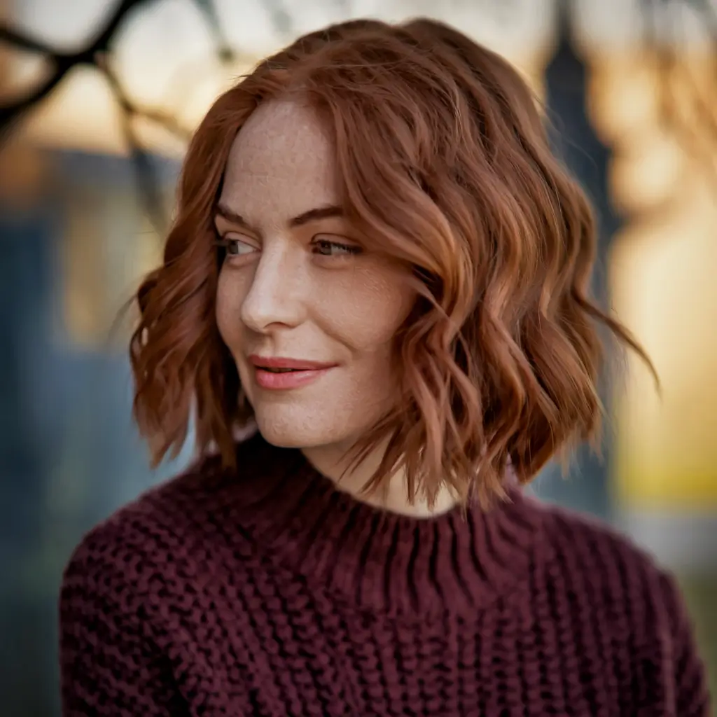 fall red hair color autumn short hair Textured Amber Lob with a Cozy Twist