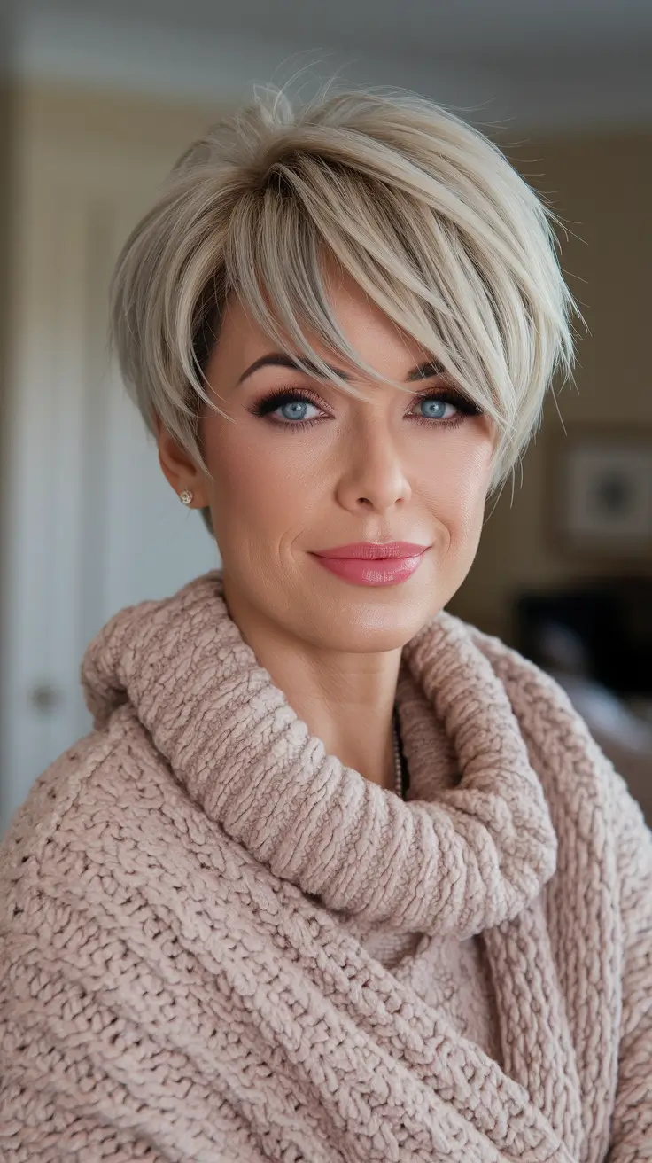 women round face thin hair Stacked Blonde Pixie With Volume and Layers