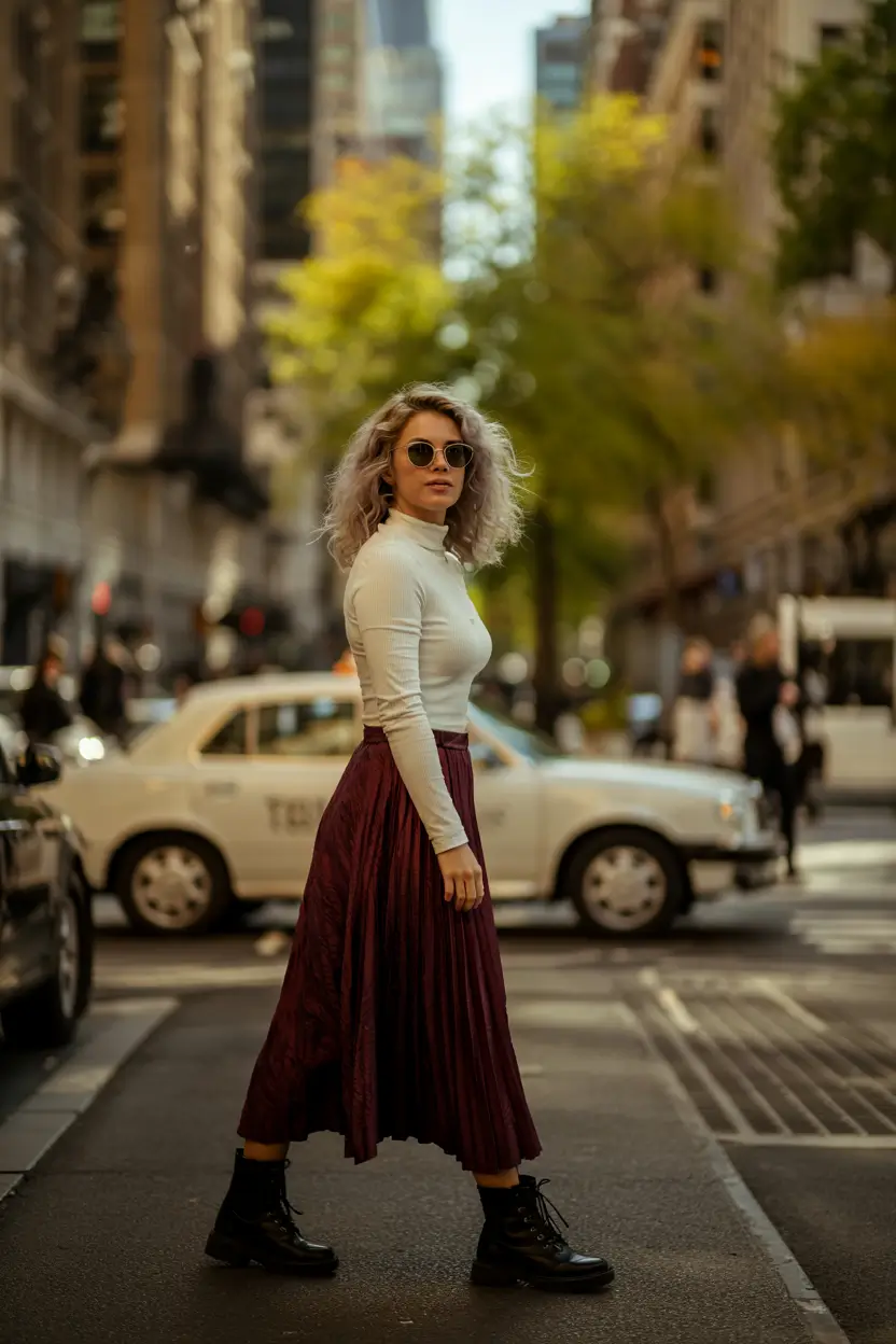 fall skirt outfits with boots Streetwise Pleats in Deep Berry