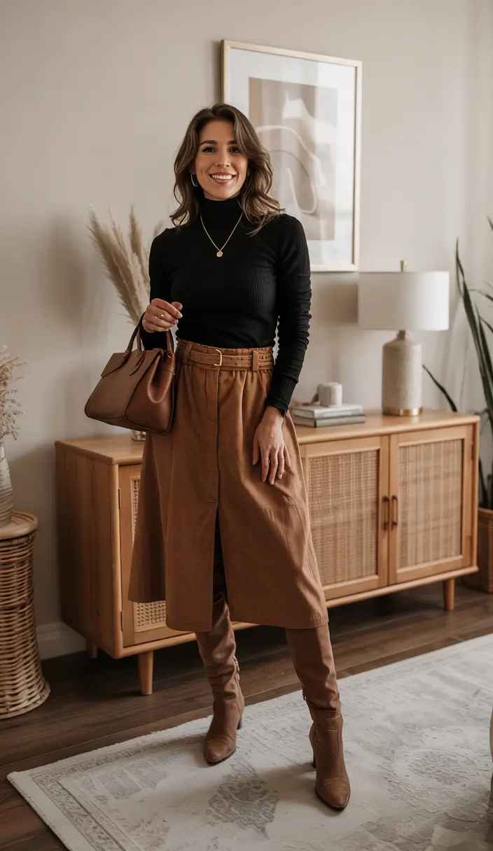fall skirt outfits with boots Minimal Fall Luxe in Warm Brown Tones