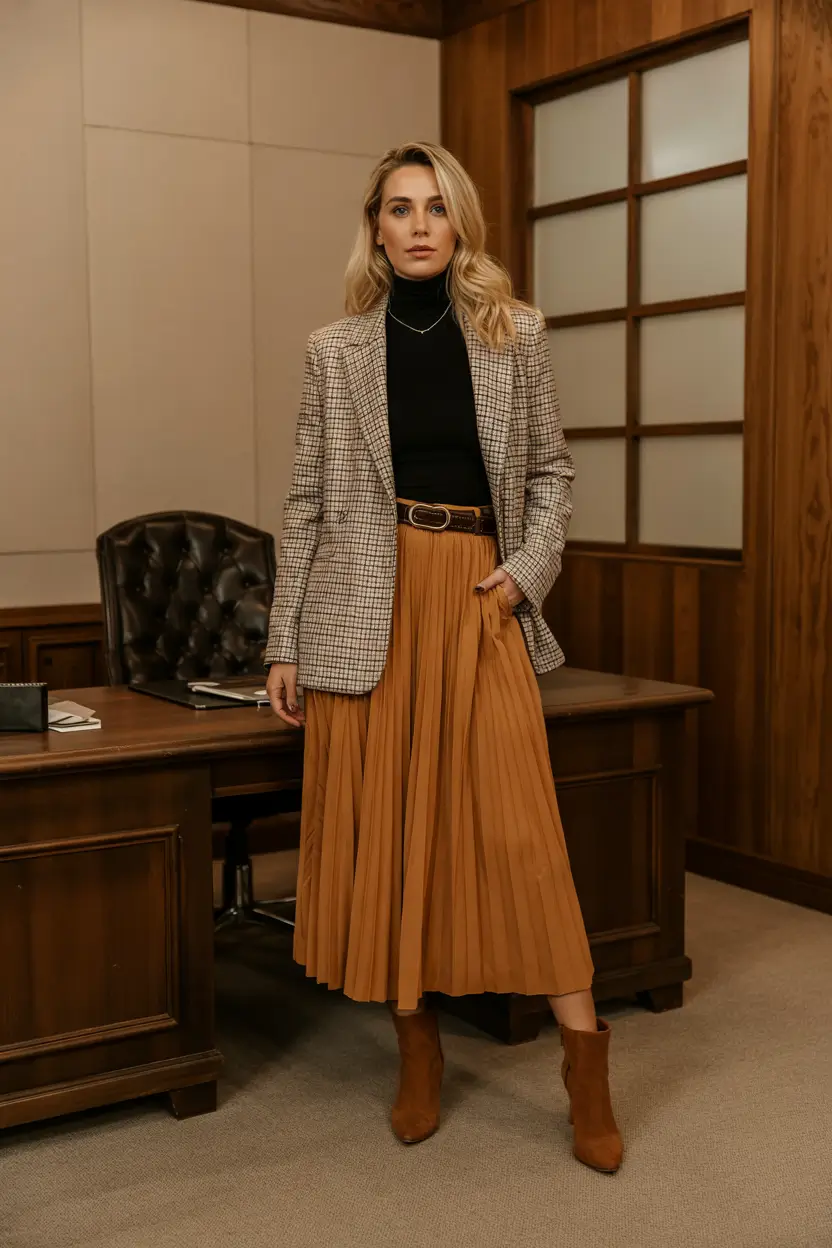 fall skirt outfits 2025 Smart Office Layers with a Polished Twist