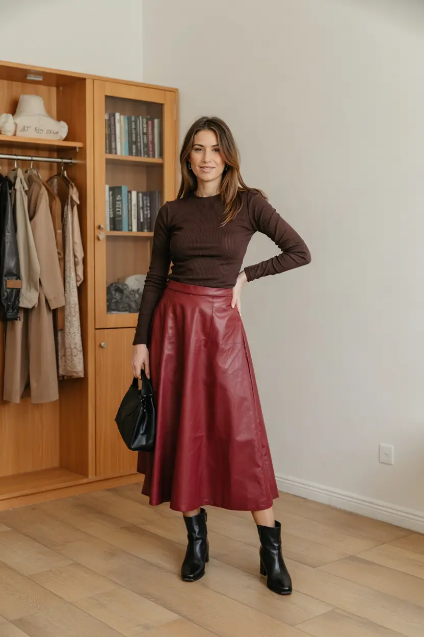 fall skirt outfits 2025 Sleek Contrast in Leather and Rib