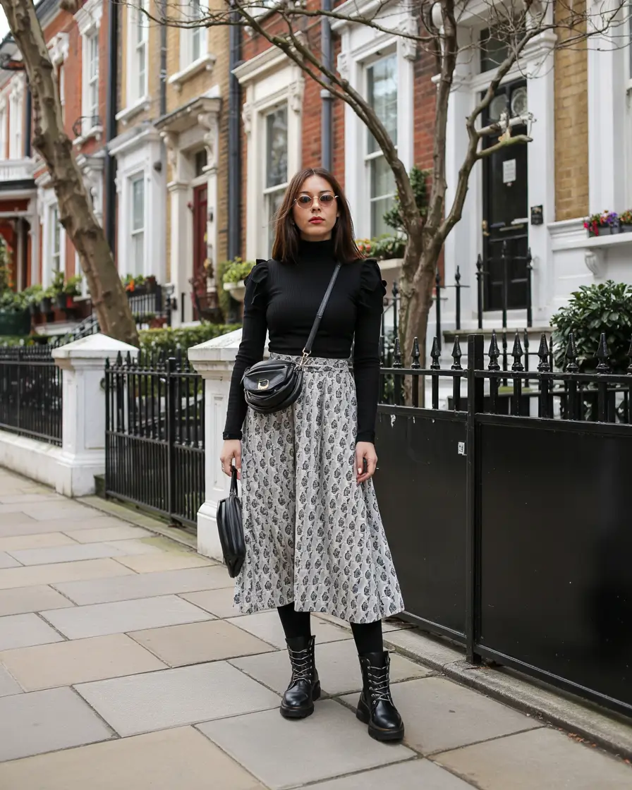 fall skirt outfits with boots tights Downtown Cool with a Vintage Twist