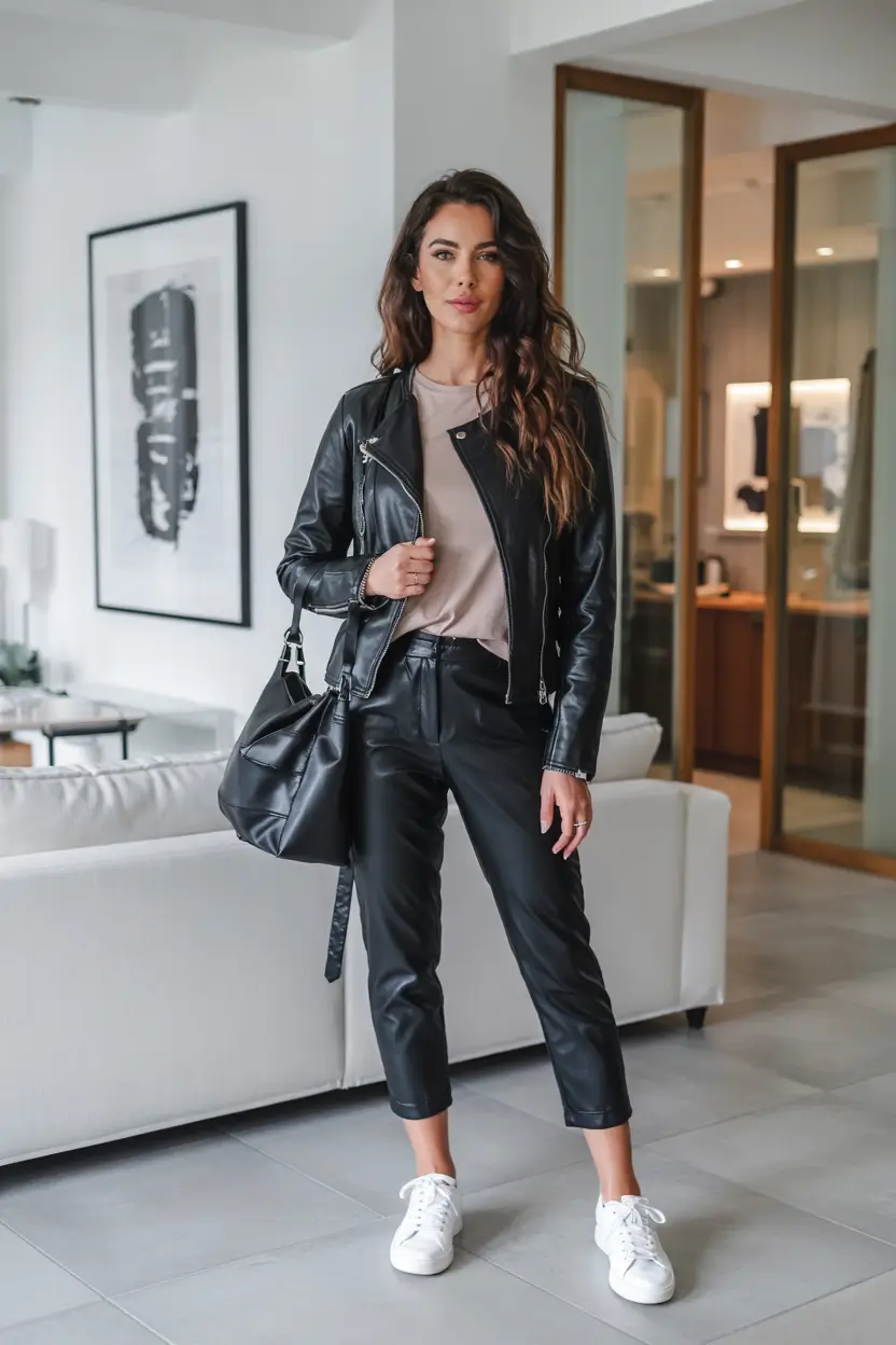 fall transition outfits Leather on Leather, but Make It Effortless