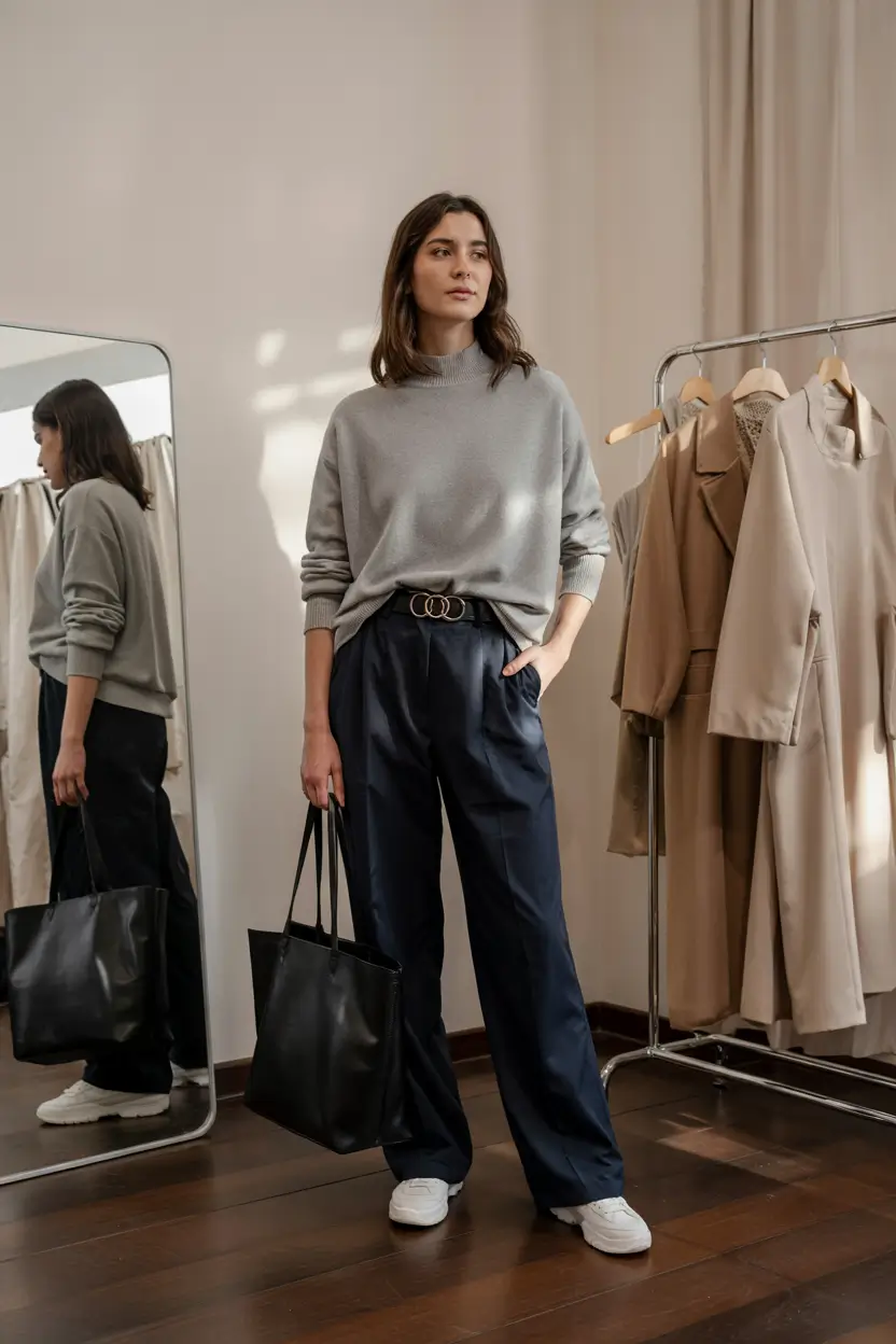 fall work outfits for women 2025 Relaxed Luxe in Greys and Navy