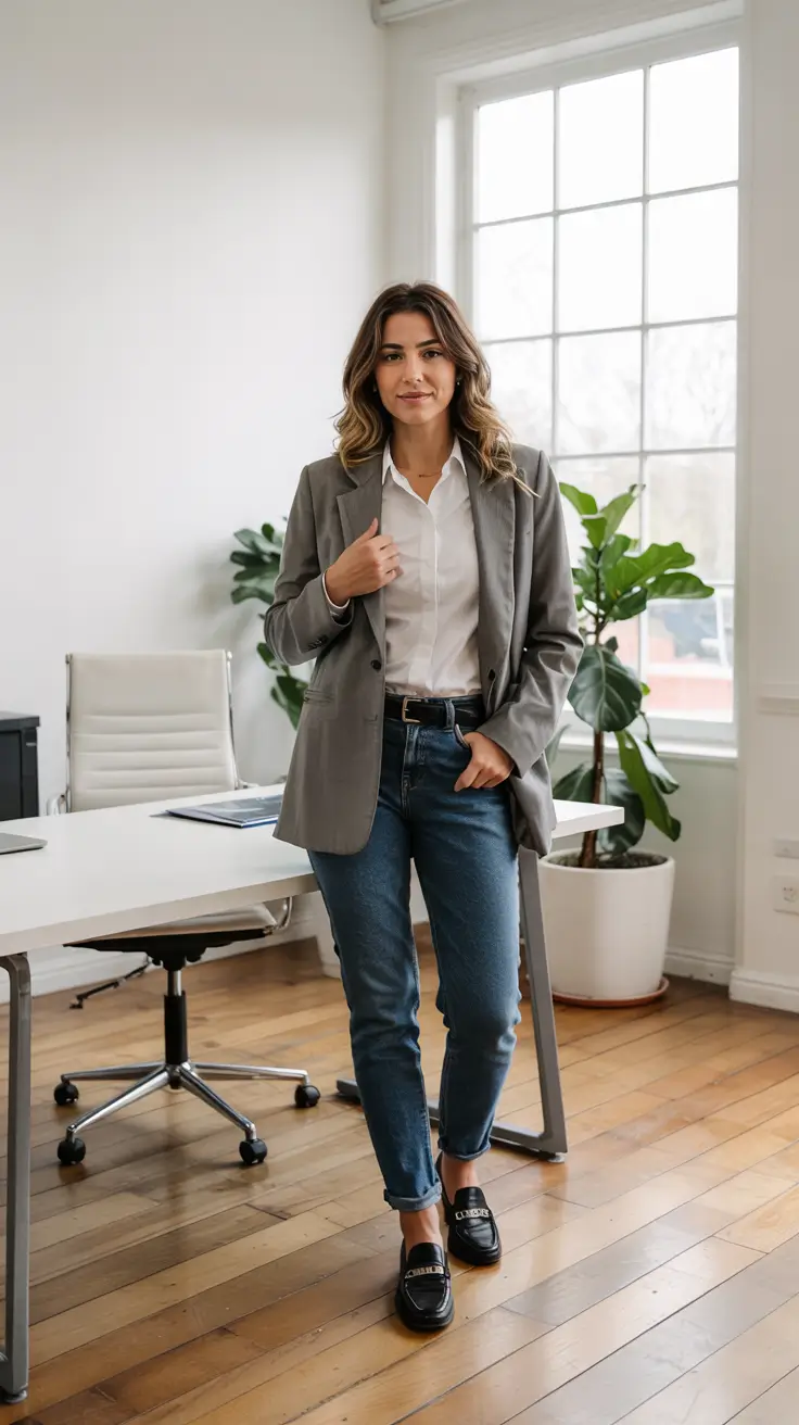 fall work outfits for women casual jeans Effortlessly Cool in Jeans and Grey Blazer