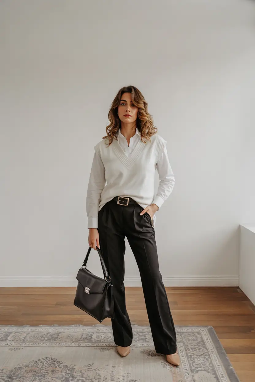 fall work outfits for women black pants Sweater Vests and Structured Trousers