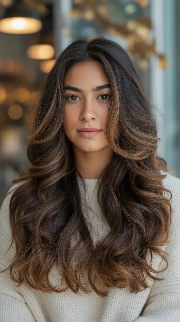 hair color for brown skin Layered Chocolate Volume with Caramel Accents