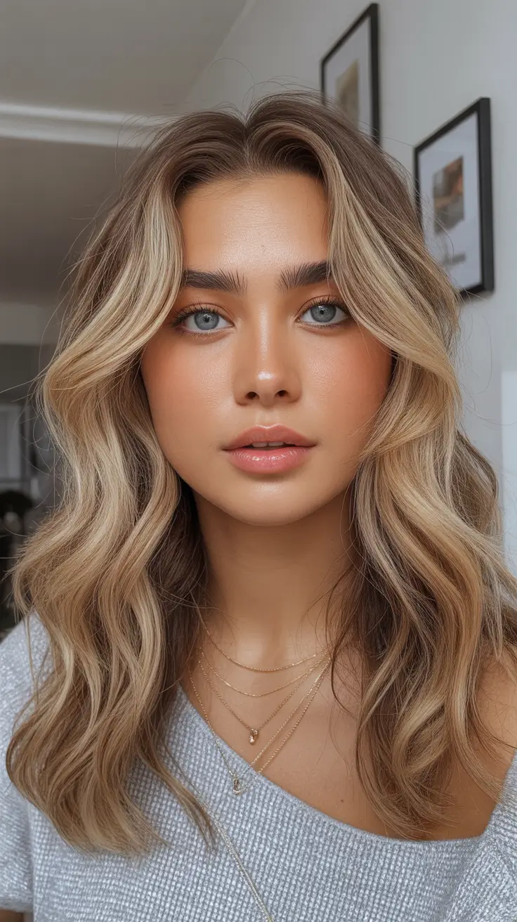 hair color for brown skin Cool Beige Waves on a Mid-Length Cut