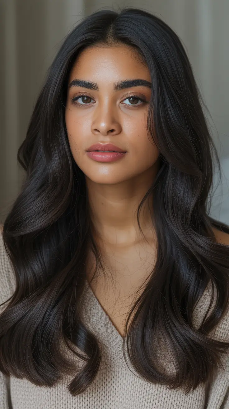 hair color for brown skin tone Classic Black Hair with Lived-In Shine