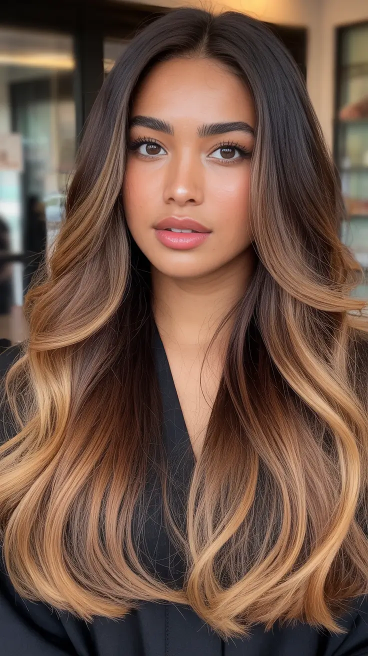 hair color for brown skin highlights Honey Brunette Layers with Face-Framing Ribbons