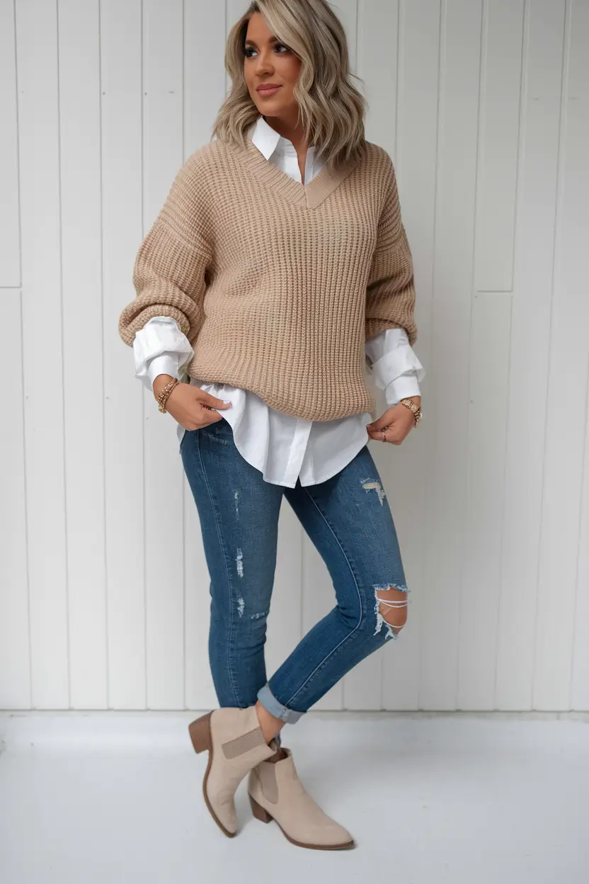fall outfits Weekend Layers: Neutrals and Distressed Denim
