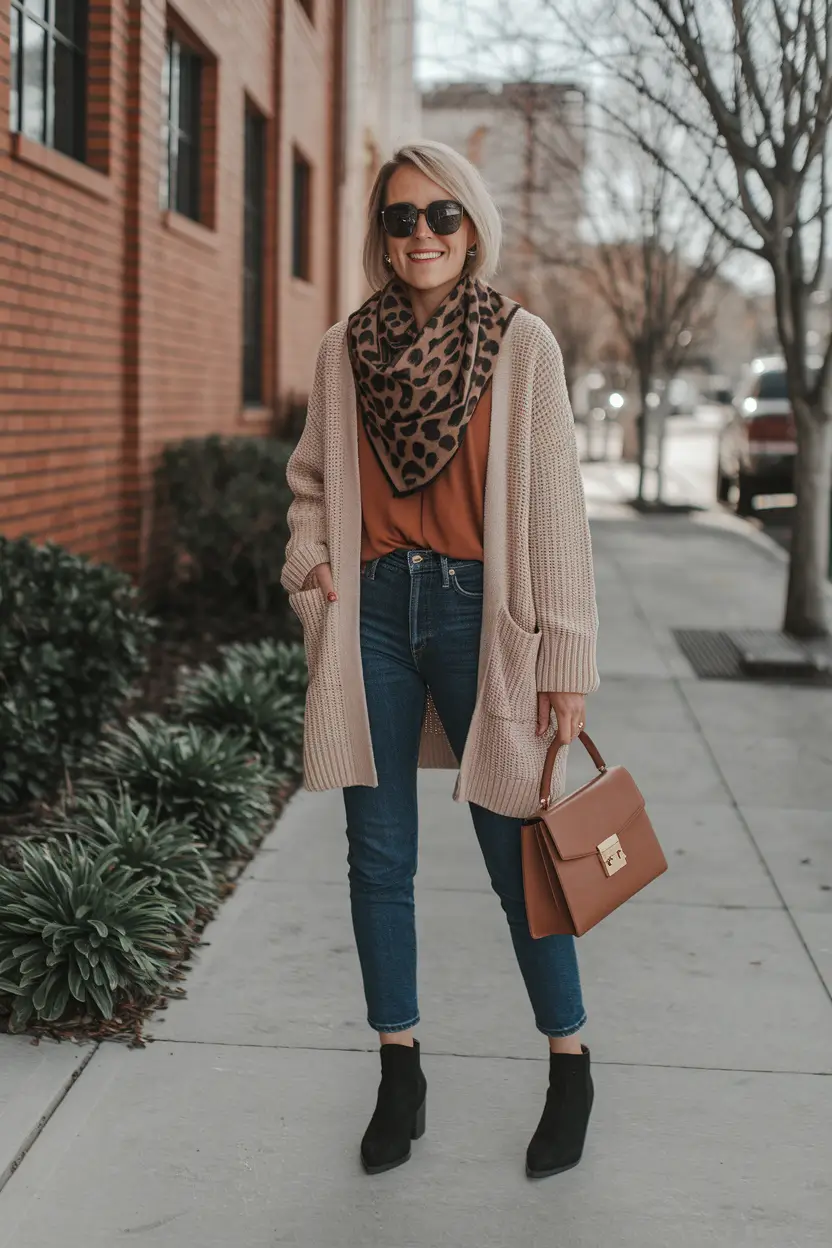 fall outfits Leopard Print and Soft Neutrals: A Confident Classic