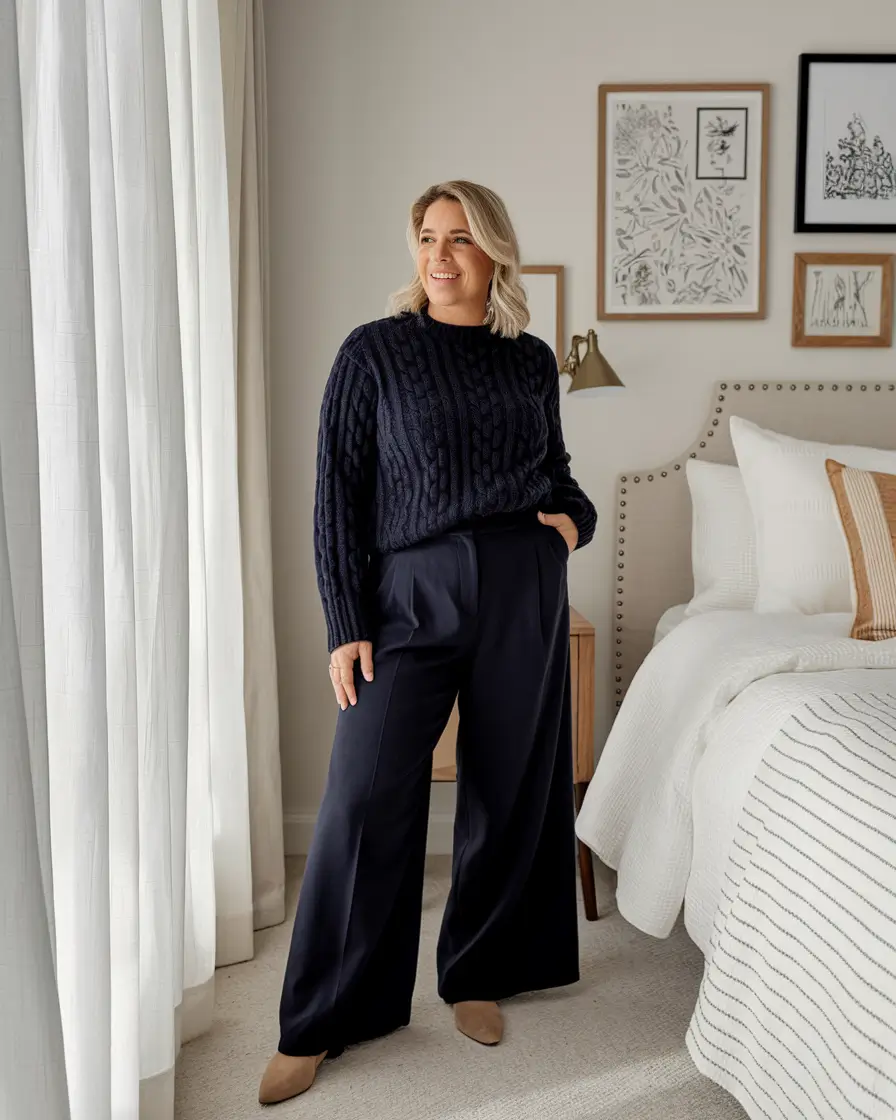 midsize fall outfits 2025 work Monochrome Navy for Sleek Indoor Vibes