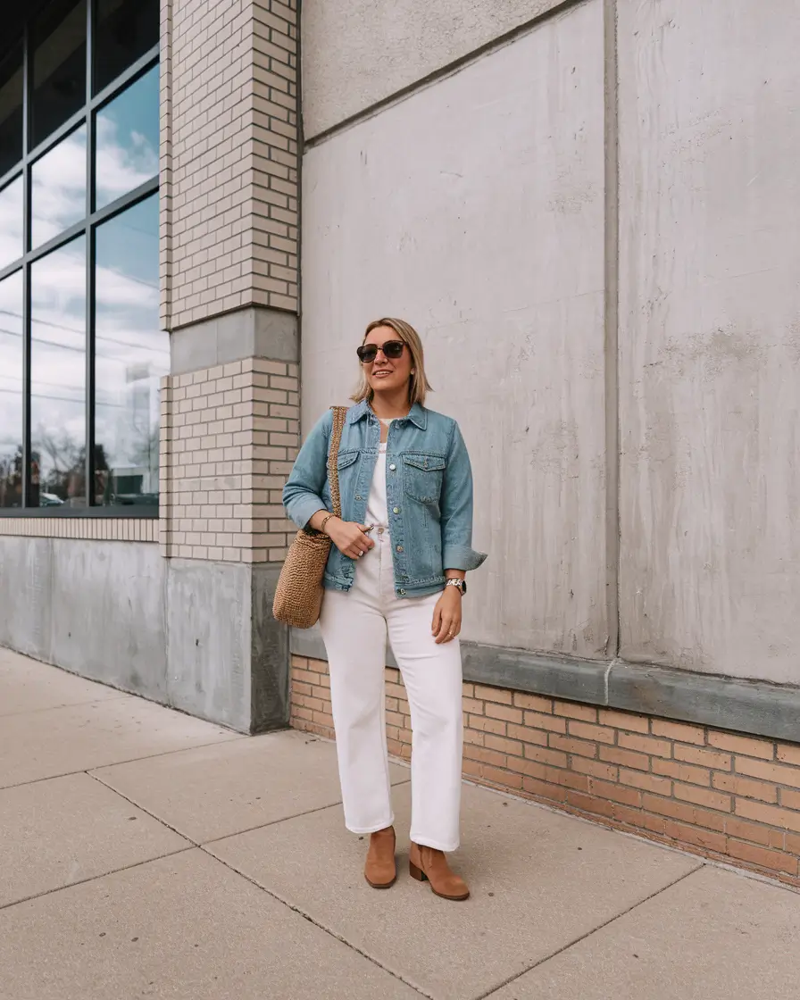midsize fall outfits Denim-on-Denim with a Clean Finish