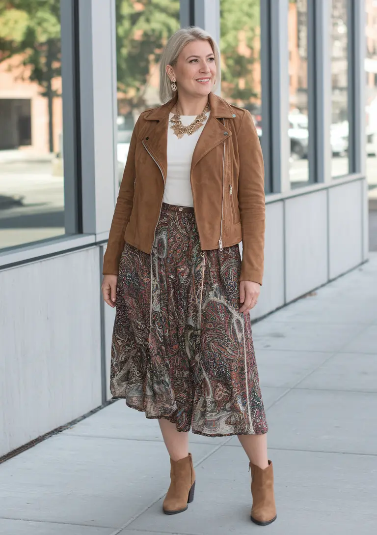 midsize fall outfits Patterned Skirt and Suede Jacket Combo