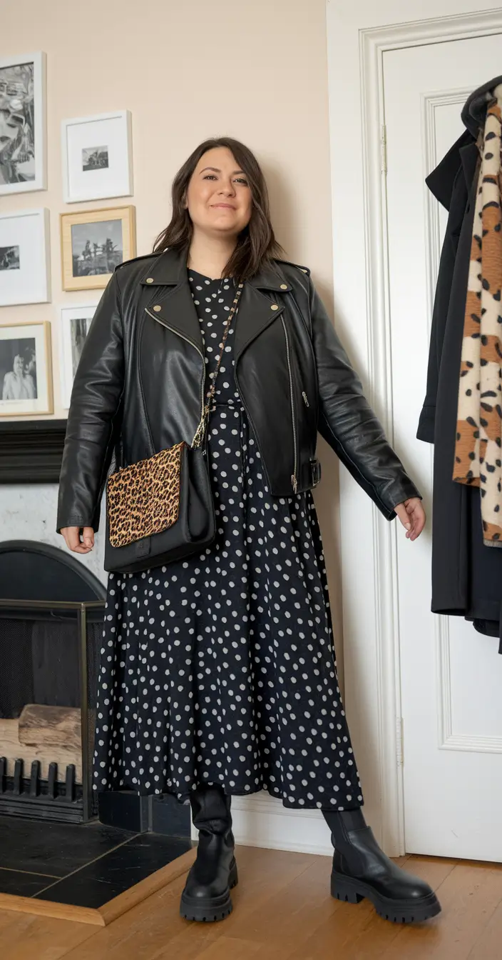 midsize fall outfits 2025 dressy Bold Leather and Playful Polka Dots