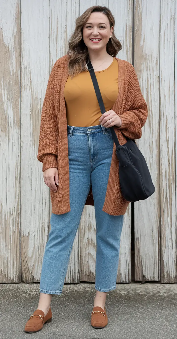 midsize fall outfits Rust Tones and Cozy Layers