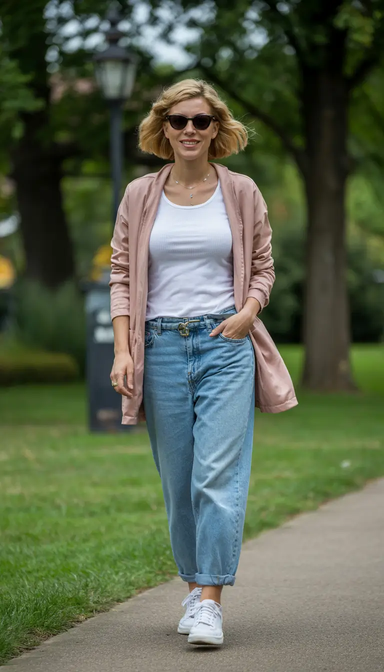 mom outfits for fall 2025 Blush Blazer and Boyfriend Denim