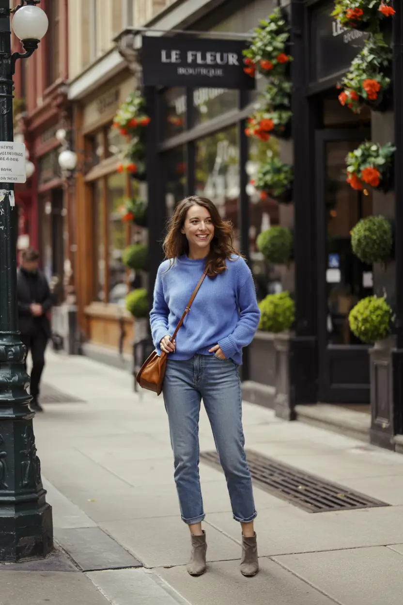 mom outfits for fall 2025 Periwinkle Pop on a Classic Frame