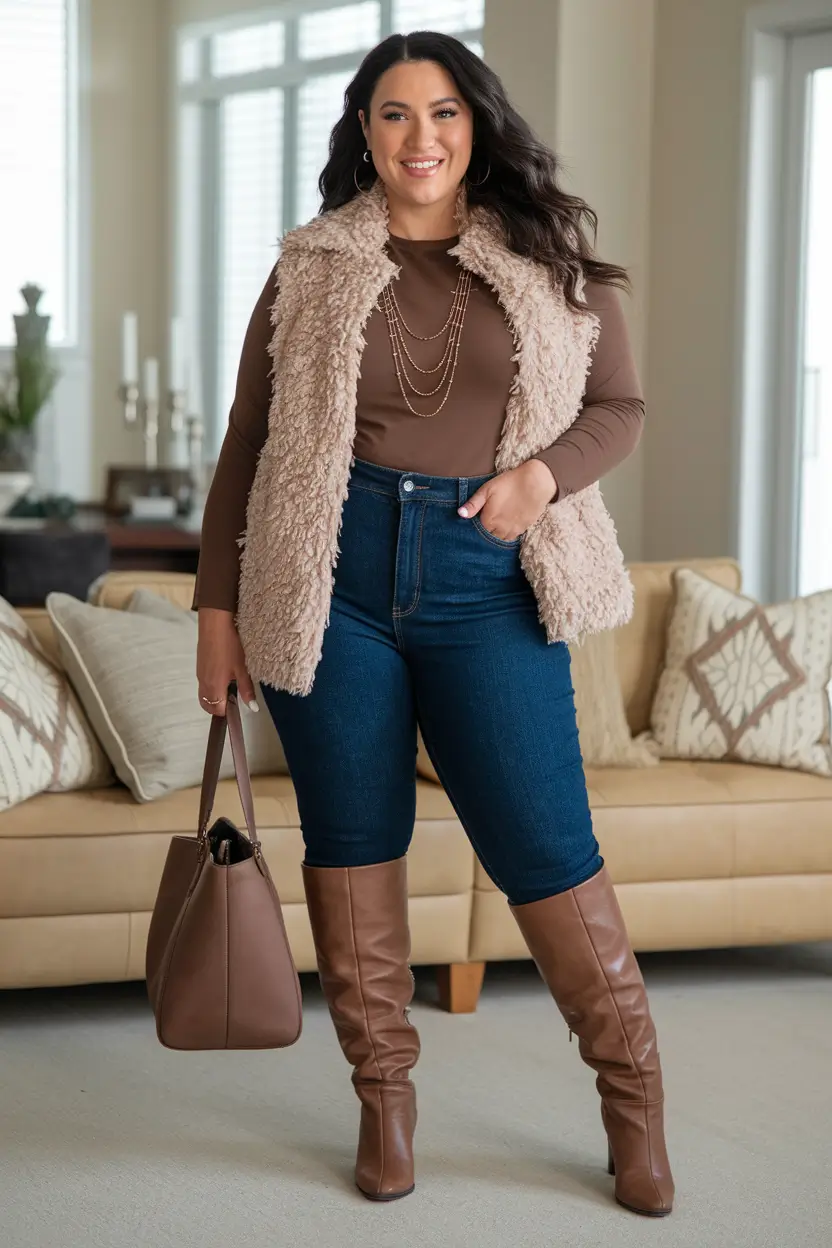 plus size fall fashion Textured Layers & Tall-Boot Energy