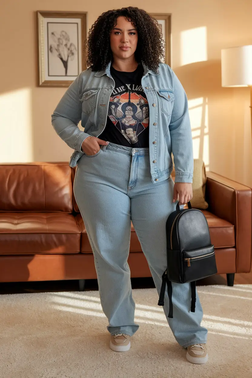 plus size fall fashion Denim on Denim with Retro Vibes