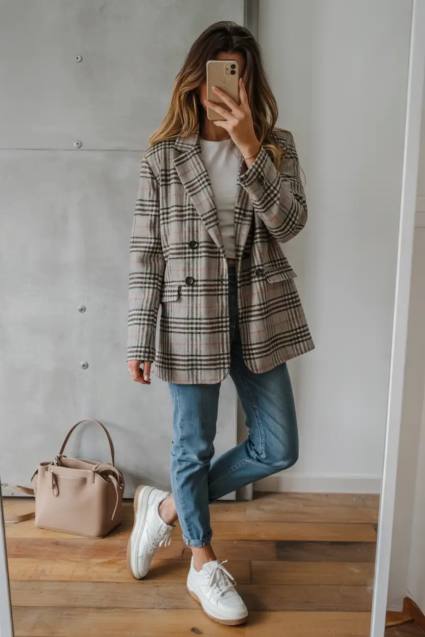 simple casual fall outfits Tailored Plaid Blazer with a Denim Base