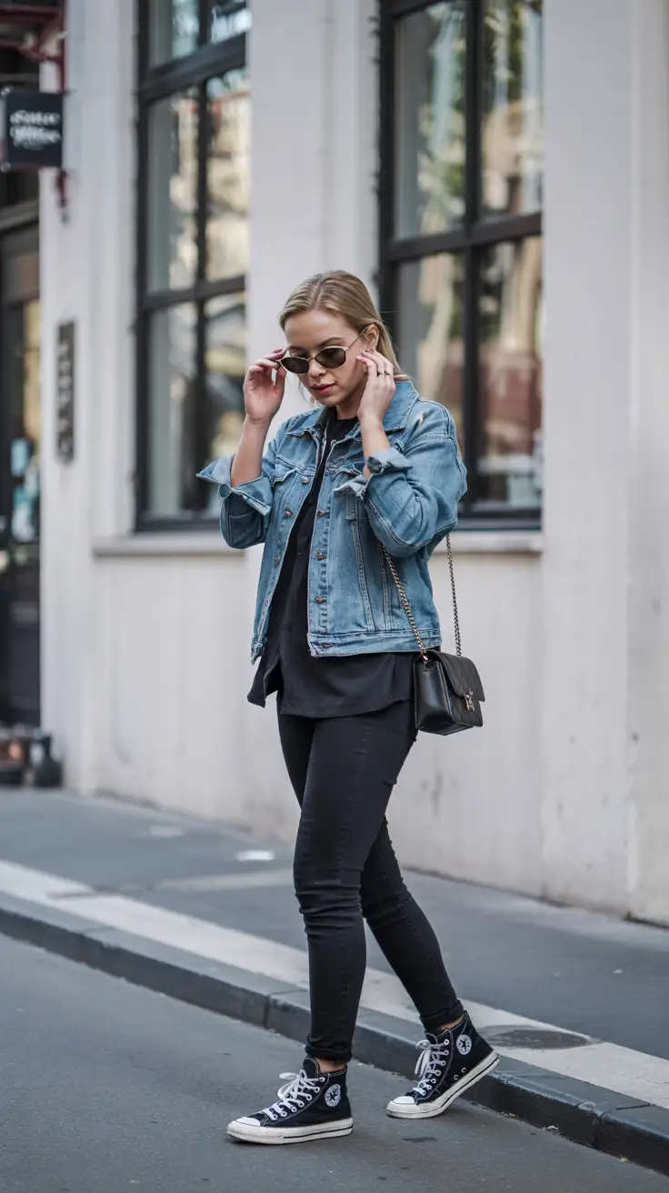 simple casual fall outfits 2025 Black on Black with a Denim Punch