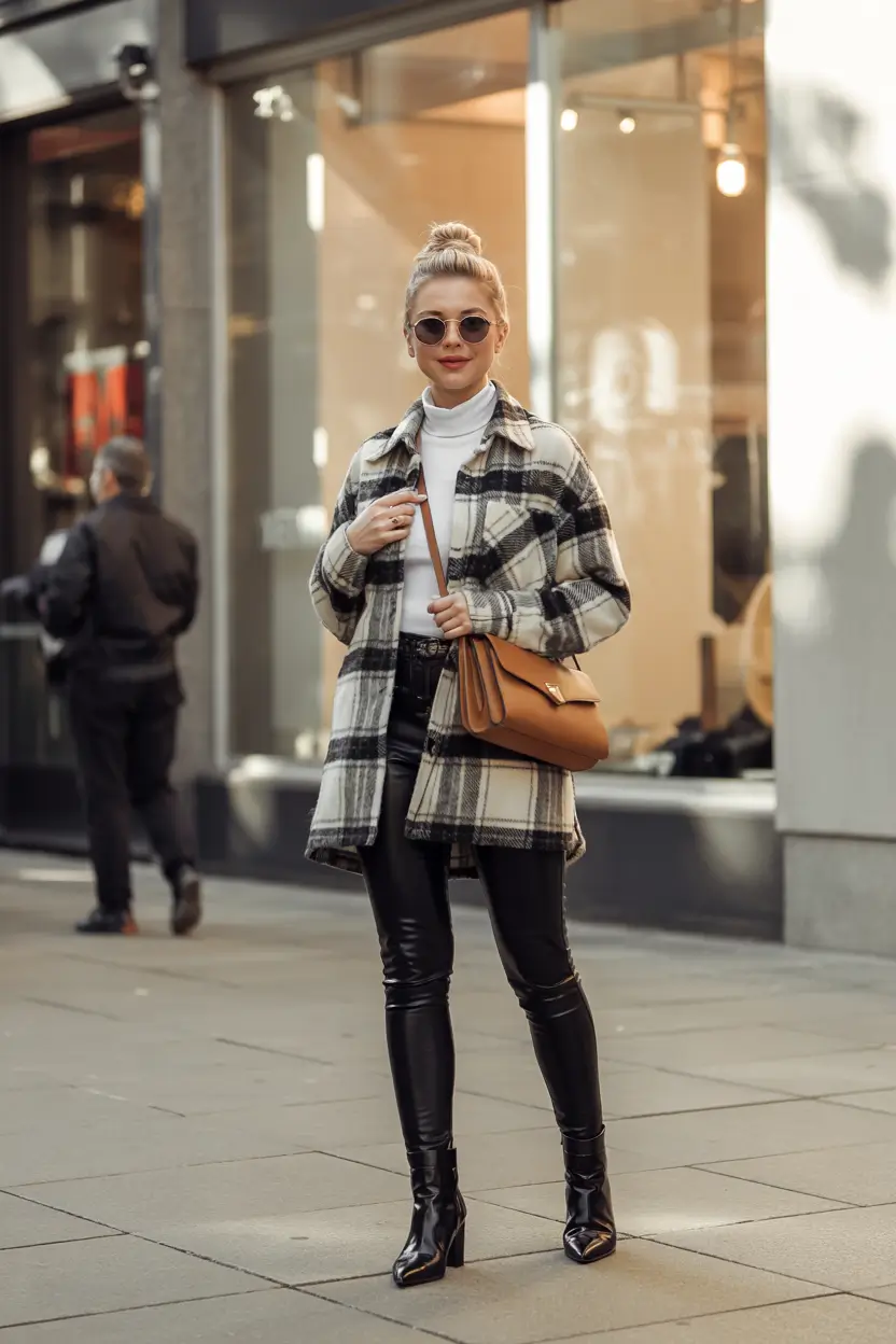 simple casual fall outfits Edgy Plaid Overcoat with Patent Black Pants