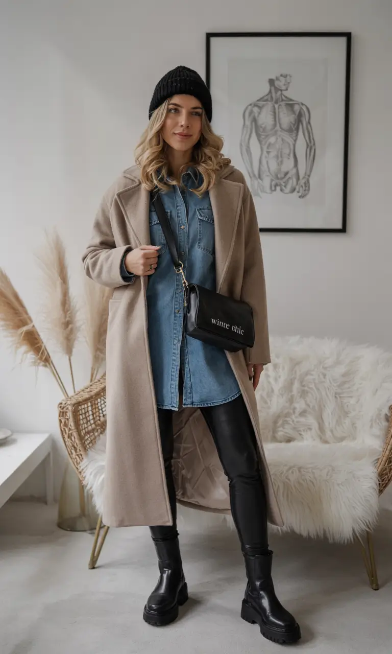 simple casual fall outfits Denim Shirt Dress with Combat Boots