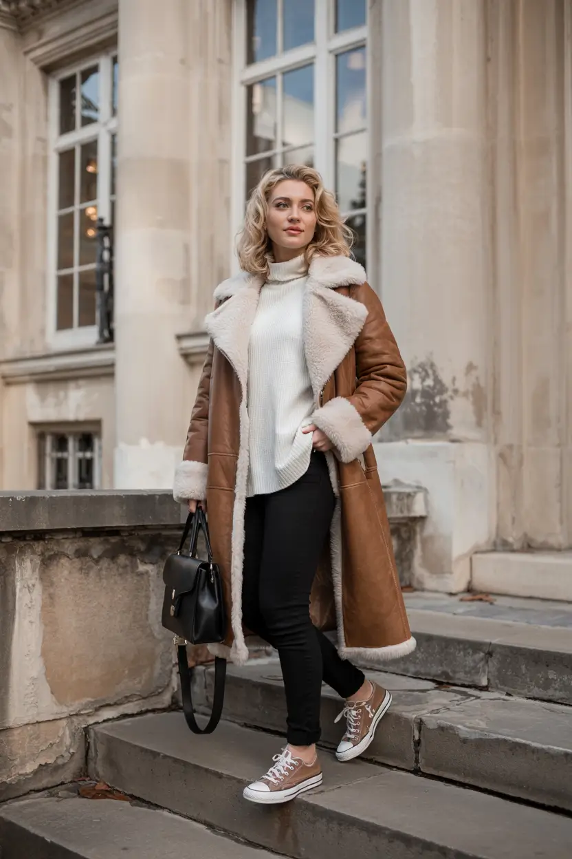 simple casual fall outfits Elegant Layers with a Shearling Coat