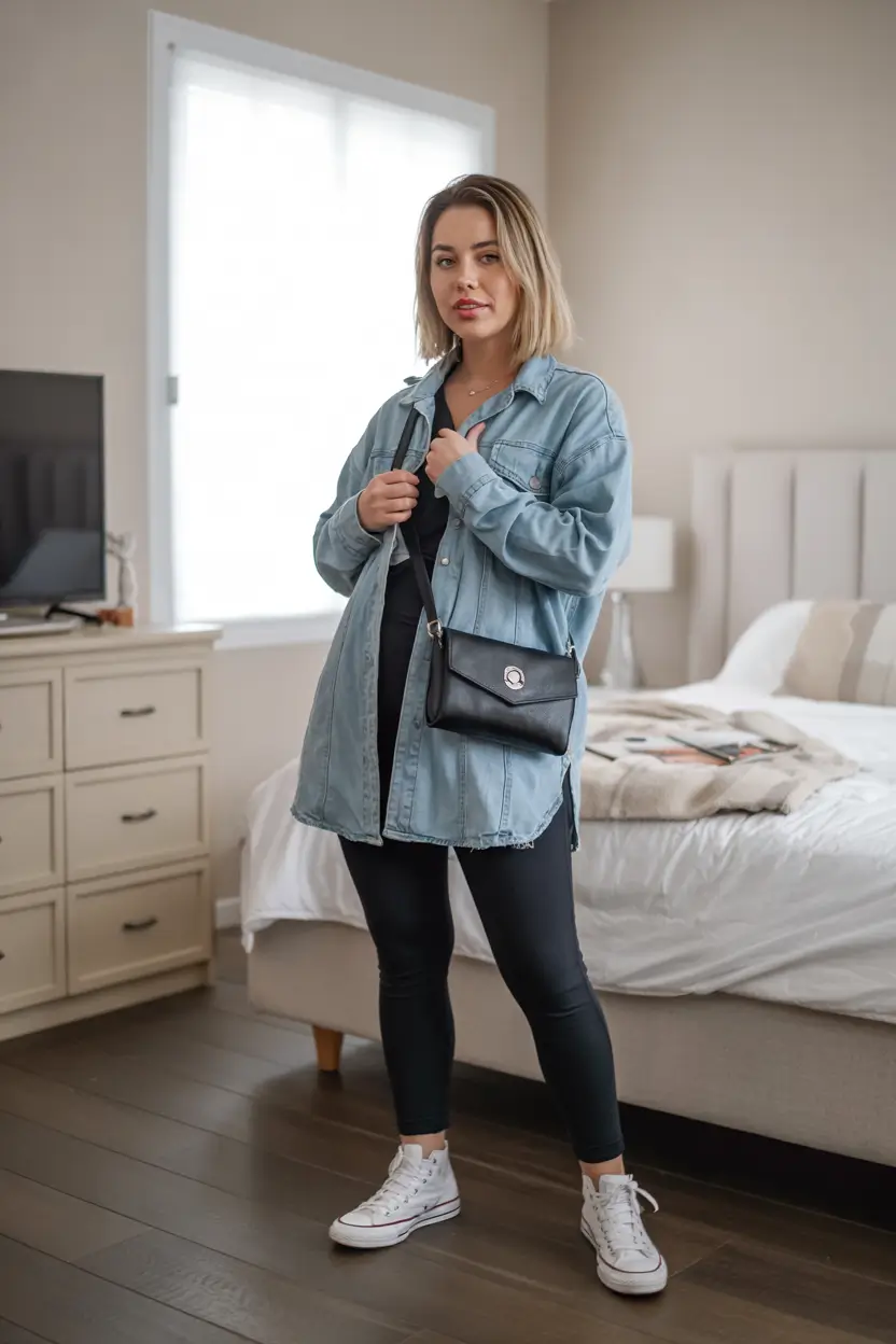 simple casual fall outfits Denim Shirt Jacket & Leggings Combo