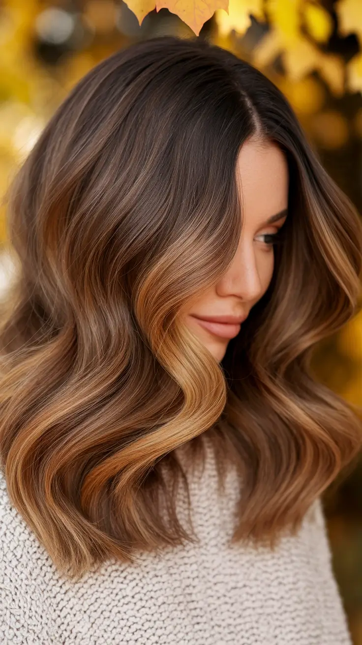 warm fall hair color Velvety Chestnut with Toasted Caramel Ends