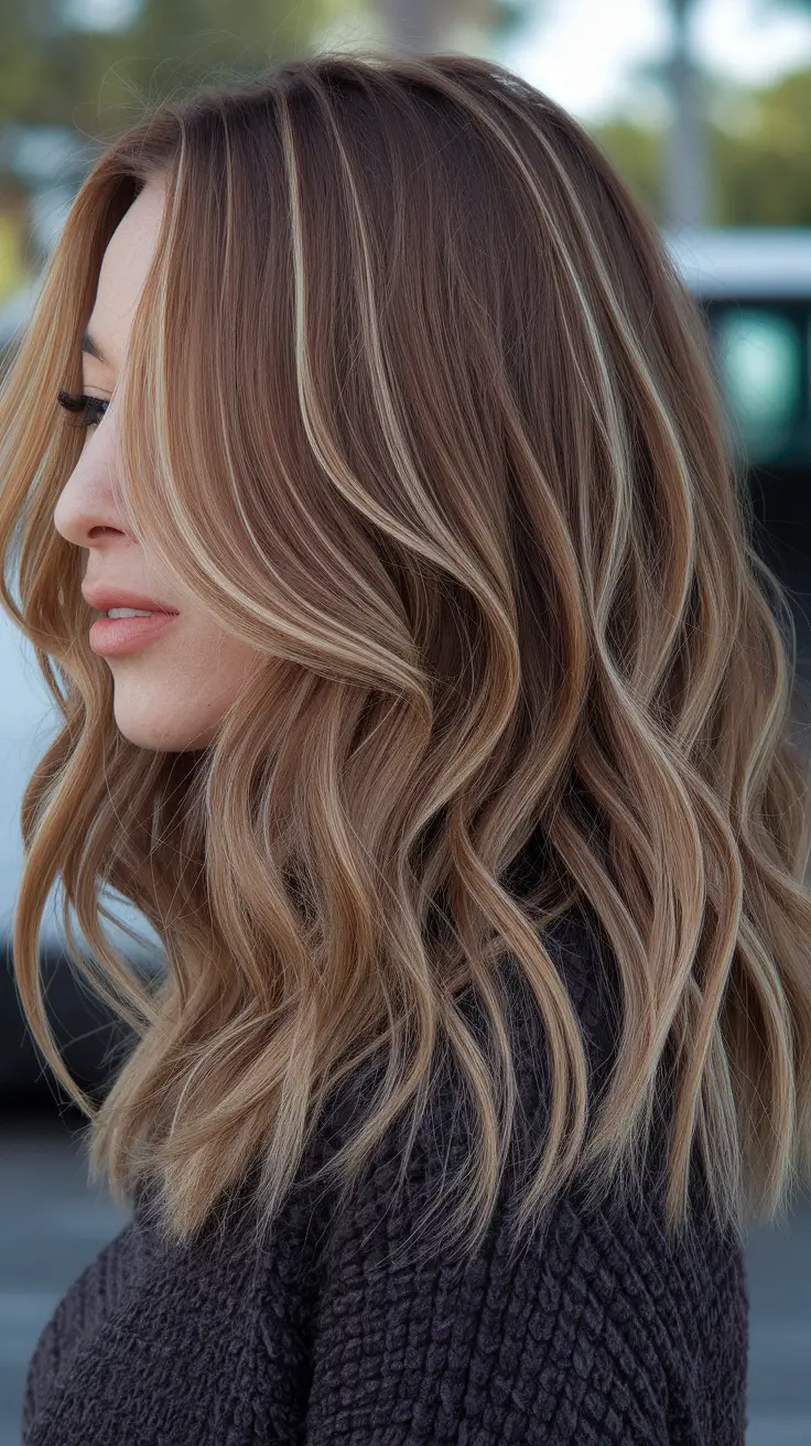 warm fall hair color Dimensional Beige Brunette with Golden Ribbons