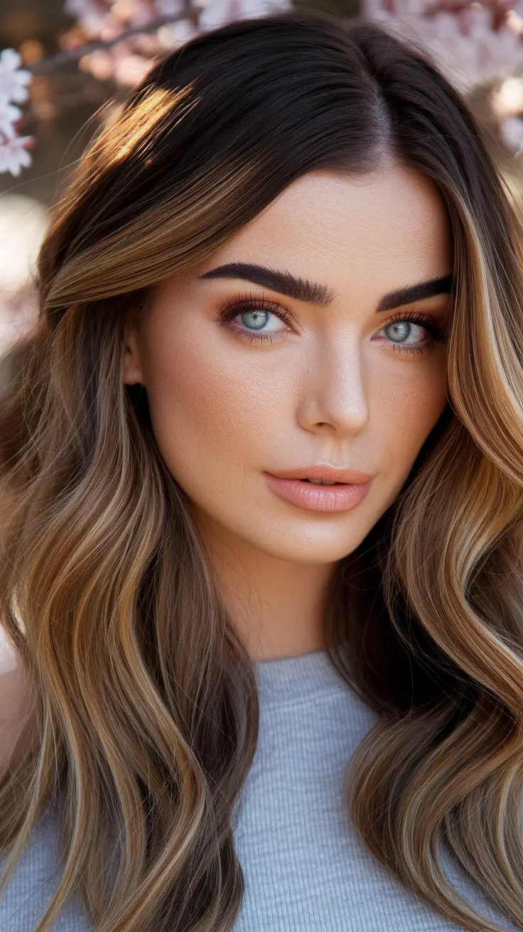 warm fall hair color Soft Honey Balayage on a Cool Brunette Base