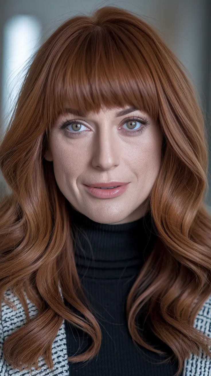 warm fall hair color red Chestnut Layers with Full Fringe
