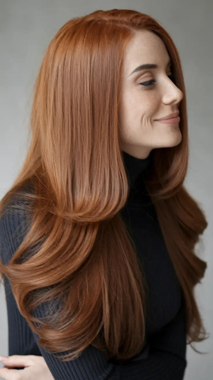 warm fall hair color light brown Sleek Pumpkin Spice Layers