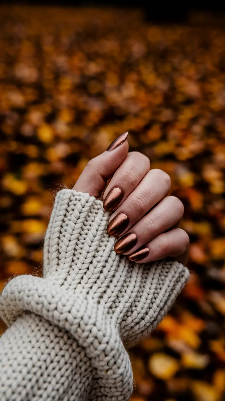 Autumn 2025 Nail Color Inspiration – Copper Leaf Chrome