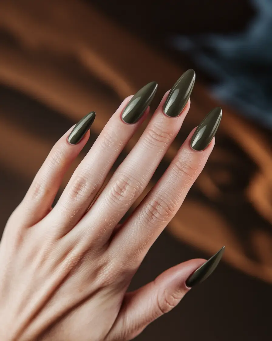 Autumn 2025 Nail Color Inspiration – Foraged Olive Almonds