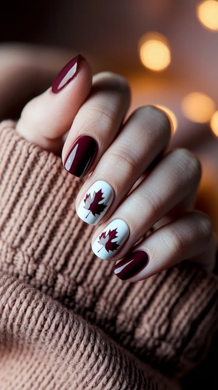 Creative Autumn Nail Designs 2025 — Cabernet maple accent on short ovals