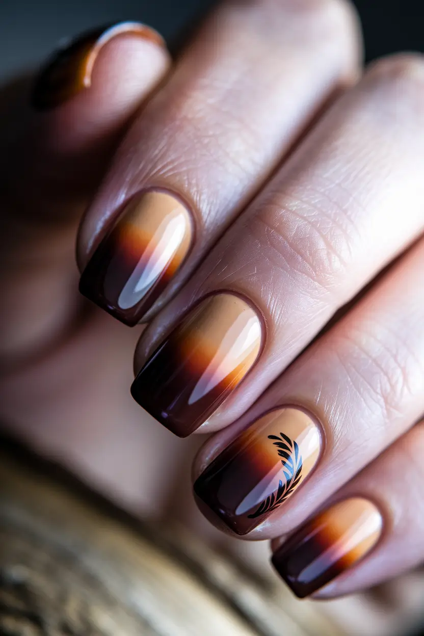 Autumn nails designs – Toffee-to-Cocoa Ombré with Tiny Frond