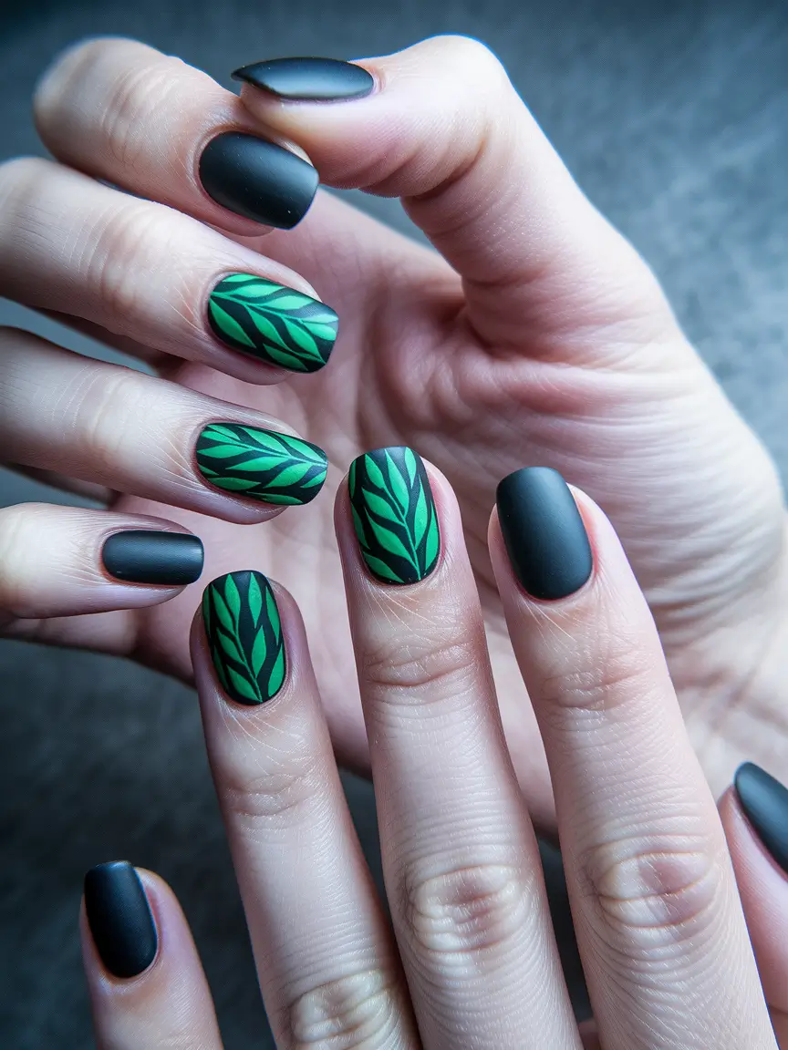 Creative Autumn Nail Designs 2025 — Moody emerald fronds on matte midnight squares