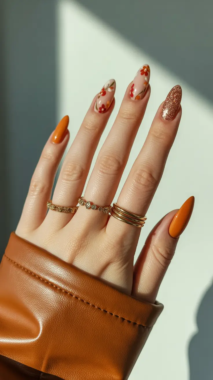 Pumpkin almond nails with retro florals and glitter for fall 2025