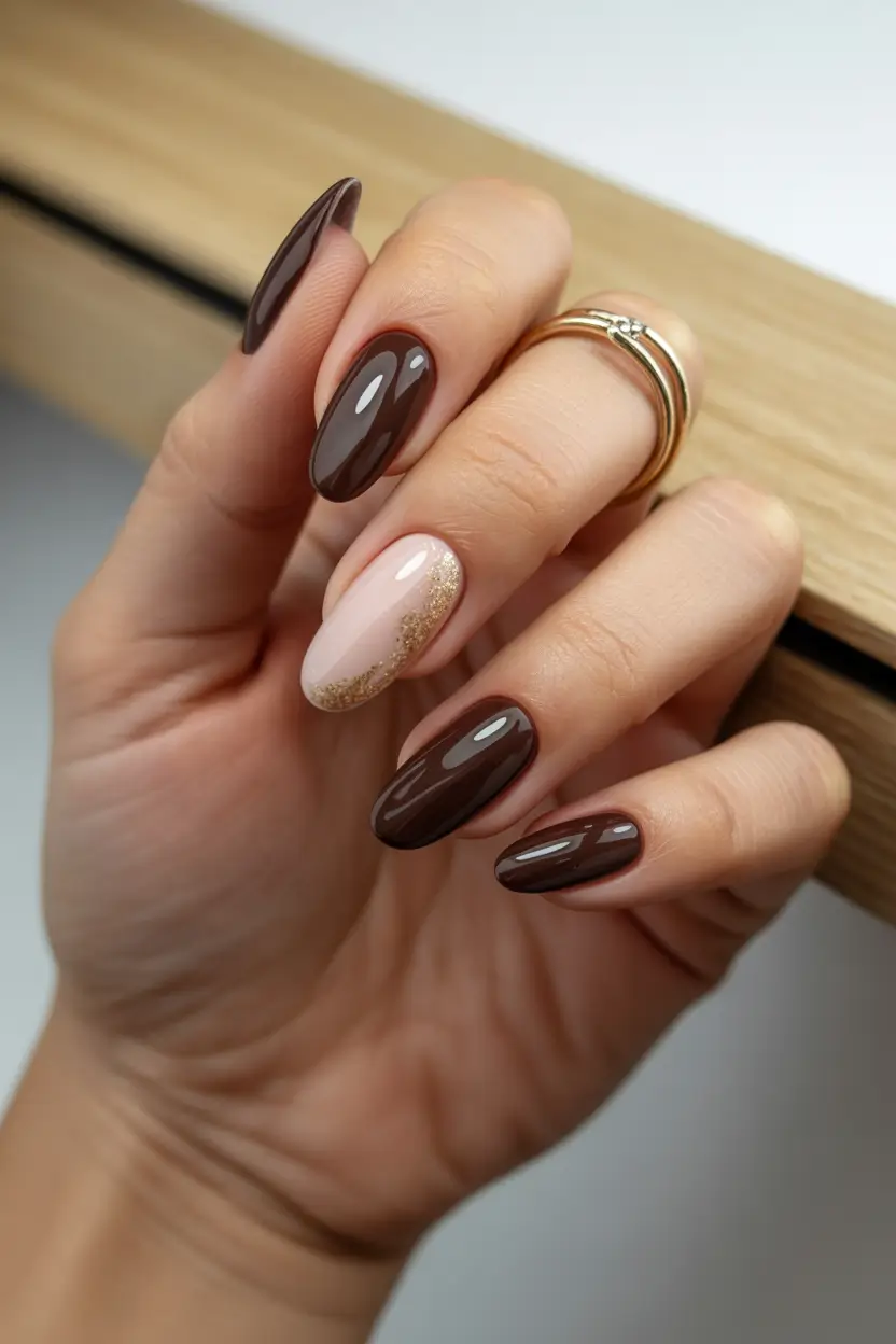 Creative Autumn Nail Designs 2025 — Molten mocha almond with champagne crescent