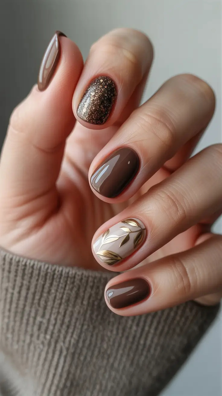 Creative Autumn Nail Designs 2025 — Cocoa mix with bronze micro-glitter and gilded leaves