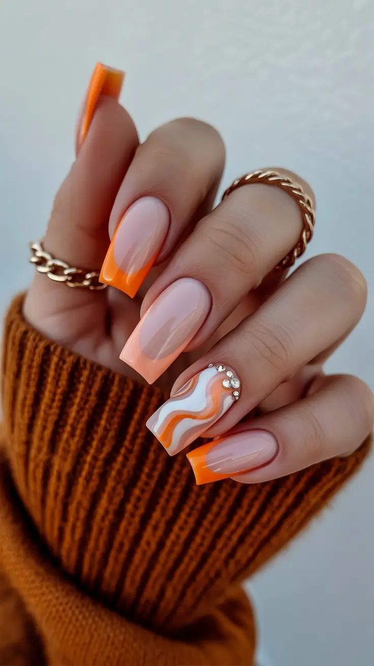 Creative Autumn Nail Designs 2025 — Orange French on long square with wavy accent and crystals